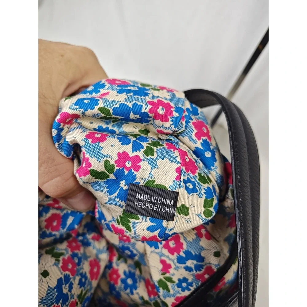 Tommy Hilfiger Black Pebbled Leather Hobo Bag Floral Lining NWT Tassel Purse